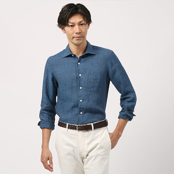 【blazer's bank.com】製品洗い ベルギーリネンホリゾンタルカラーシャツ ¥4,320(税別)